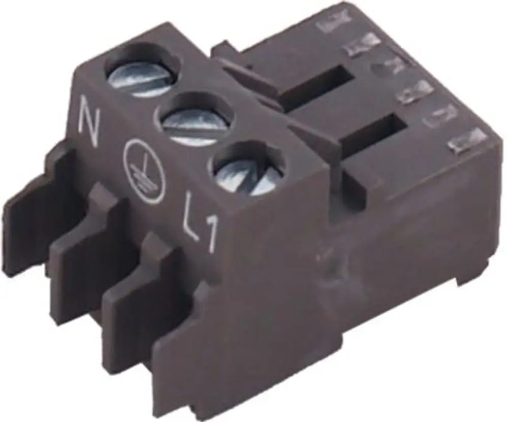 Brauner, 3-poliger Gegenstecker für Regelungssysteme, erkennbar an Anschlüssen für L1 und N, hergestellt von Wolf.